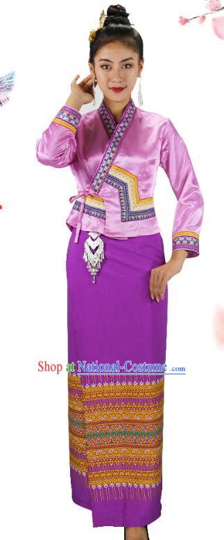 Chinese Yunnan Ethnic Woman Informal Costume Yunnan Minority Clothing Dai Nationality Purple Dress Outfits