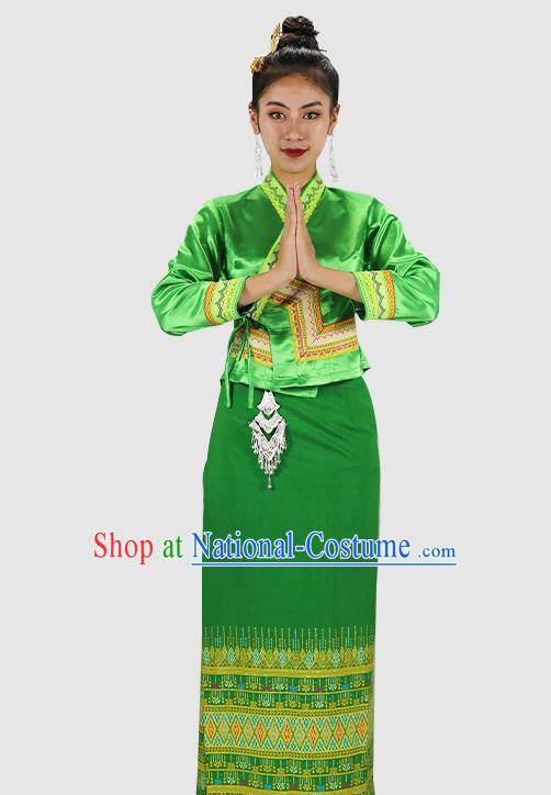 Chinese Dai Nationality Dance Green Dress Outfits Yunnan Ethnic Woman Informal Costume Yunnan Minority Clothing