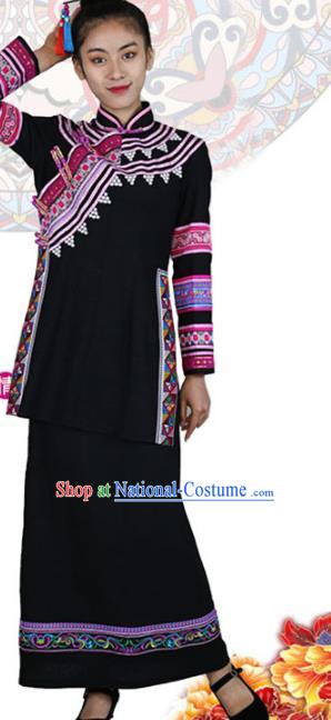 Chinese Lahu Minority Black Outfits Clothing Yunnan Ethnic Woman Informal Costume Nationality Folk Dance Dress