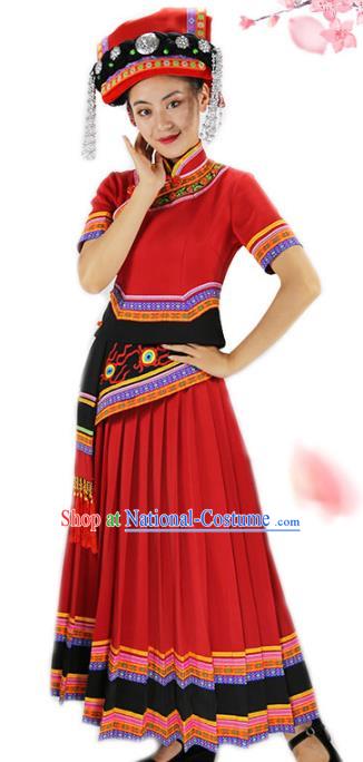 Chinese Yi Minority Red Outfits Clothing Ethnic Folk Dance Costume Nationality Woman Wedding Dress