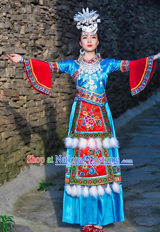 Chinese Ethnic Stage Performance Blue Outfits Dong Nationality Folk Dance Dress Clothing and Hair Accessories