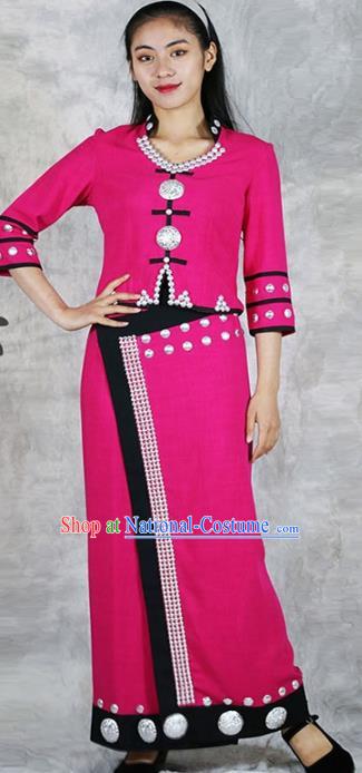 Chinese Yunnan Nationality Woman Dress Wa Minority Rosy Outfits Clothing Ethnic Stage Show Costume