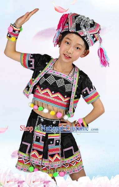 China Hani Ethnic Minority Folk Dance Black Outfits Yunnan Nationality Girl Costumes and Hat