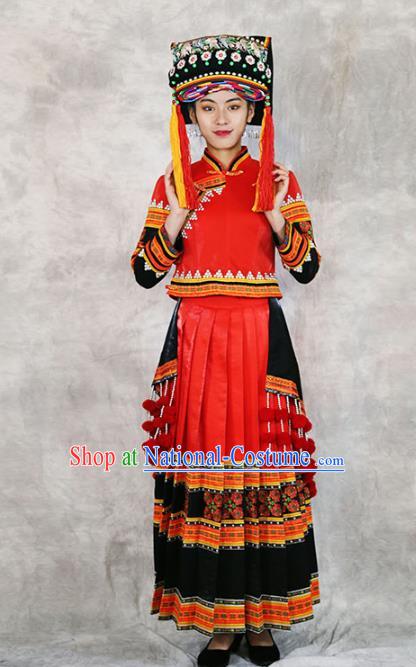 Chinese Minority Folk Dance Red Outfits Clothing Ethnic Bride Costume Yi Nationality Wedding Dress and Headwear