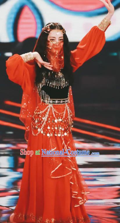 Chinese Xinjiang Ethnic Nationality Woman Dress Costume Uyghur Minority Folk Dance Red Outfits Clothing