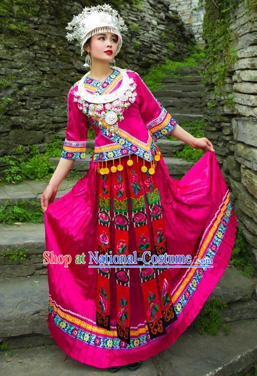 Chinese Tujia Ethnic Stage Performance Rosy Outfits Dong Nationality Wedding Dress Clothing and Headdress