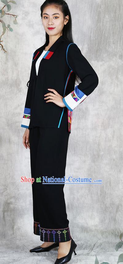 Chinese Hani Minority Woman Dress Clothing Yunnan Ethnic Informal Costume Nationality Black Flax Outfits