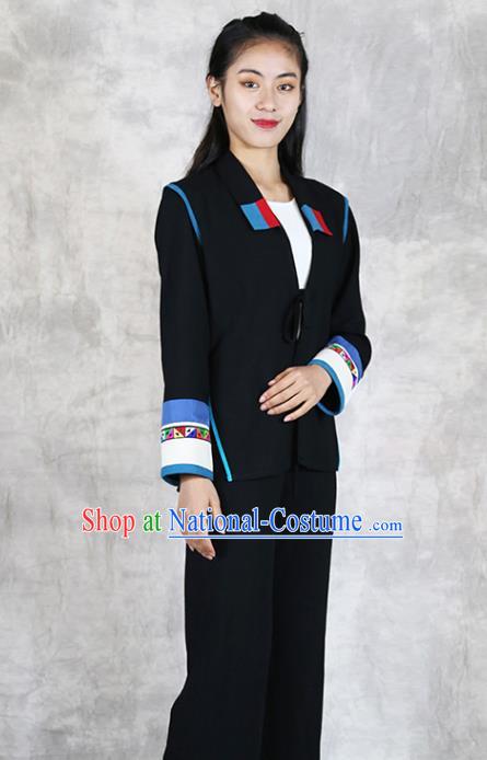 Chinese Hani Minority Woman Dress Clothing Yunnan Ethnic Informal Costume Nationality Black Flax Outfits