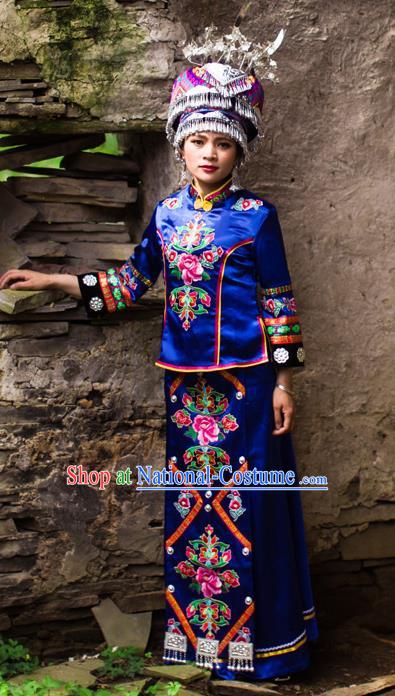 Chinese Ethnic Wedding Bride Royalblue Outfits Tujia Nationality Stage Show Dress Clothing and Hat