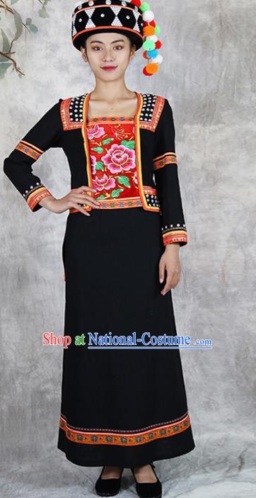 Chinese Yunnan Ethnic Costume Nationality Woman Black Dress Outfits Hani Minority Informal Clothing and Hat