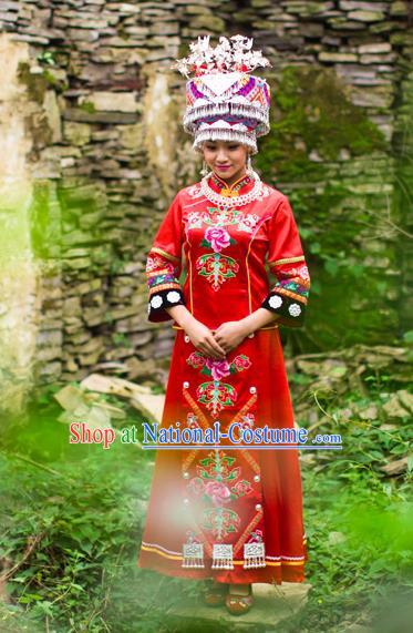 Chinese Ethnic Bride Red Outfits Tujia Nationality Wedding Dress Clothing and Headdress