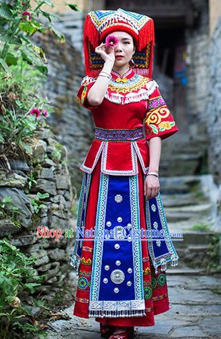 Chinese Yao Nationality Stage Show Dress Clothing Ethnic Wedding Bride Red Outfits and Headwear