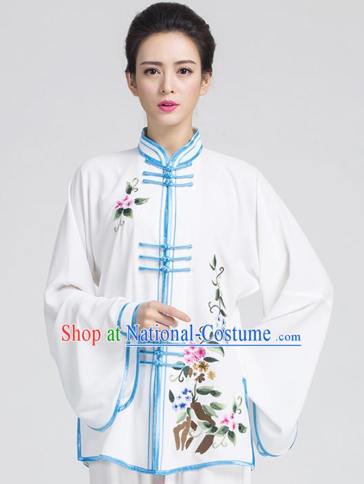 China Traditional Embroidered White Outfits Top Kung Fu Tai Chi Competition Costume