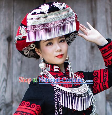 China Traditional Yi Nationality Bride Silver Tassel Hat Liangshan Ethnic Minority Bride Headwear