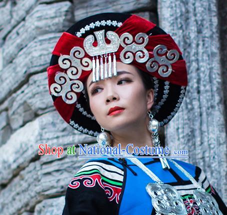 China Liangshan Ethnic Minority Torch Festival Silver Tassel Headwear Traditional Yi Nationality Bride Red Hat