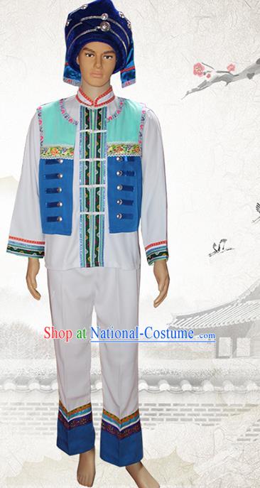 China Bouyei Nationality Folk Dance Costumes Guizhou Puyi Ethnic Minority Male Clothing and Hat