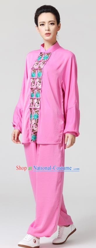 China Tai Chi Chuan Competition Embroidered Uniforms Traditional Martial Arts Pink Flax Clothing