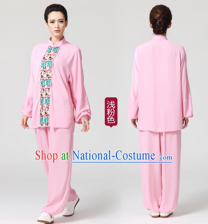 China Tai Chi Competition Pink Flax Uniforms Traditional Martial Arts Embroidered Clothing