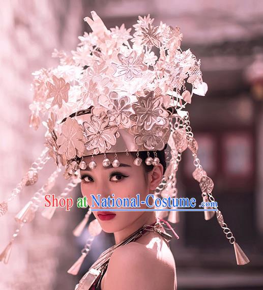 China Traditional Miao Nationality Wedding Silver Bells Hat Hmong Bride Phoenix Coronet Headwear