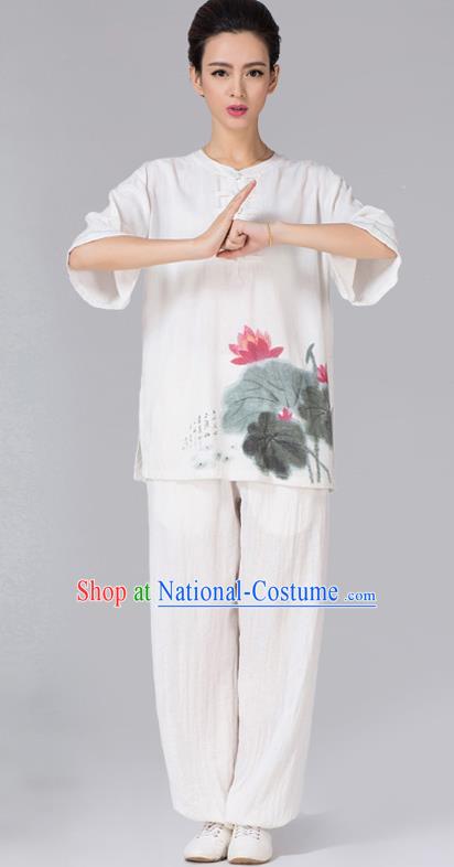 China Tai Chi Ink Painting Lotus Uniforms Traditional Martial Arts White Flax Clothing