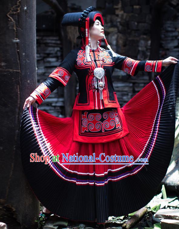 Chinese Yi Nationality Folk Dance Dress Clothing Ethnic Torch Festival Stage Performance Outfits Costumes and Hat