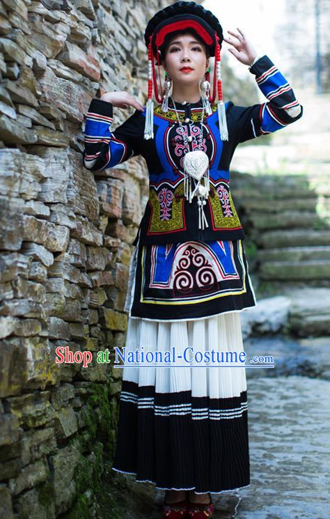 Chinese Ethnic Torch Festival Stage Performance Outfits Costumes Yi Nationality Folk Dance Dress Clothing and Hat