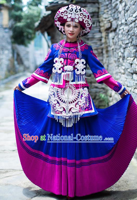 Chinese Ethnic Wedding Bride Deep Blue Outfits Costumes Yi Nationality Stage Performance Dress Clothing and Headwear