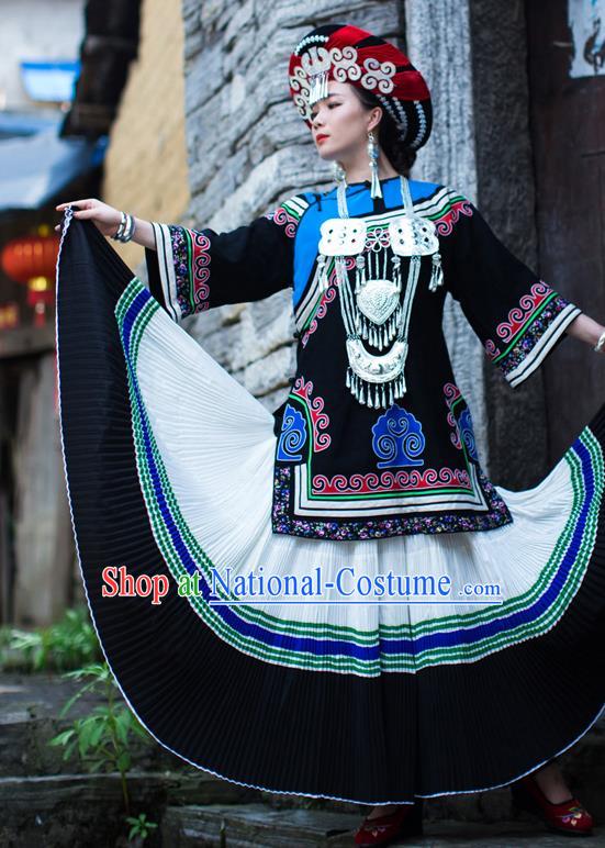 Chinese Ethnic Folk Dance Outfits Costumes Yi Nationality Wedding Bride Dress Clothing and Headdress