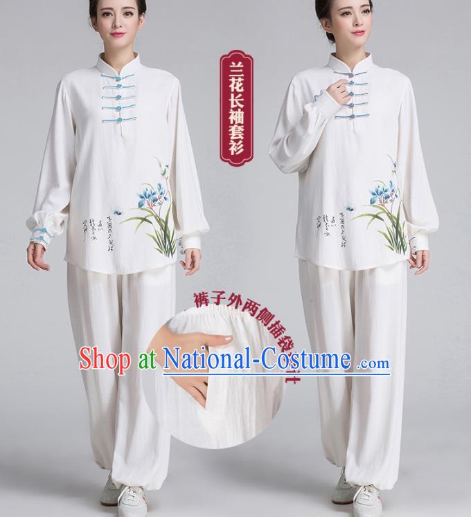 China Hand Painting Orchids White Flax Uniforms Traditional Martial Arts Tai Chi Clothing