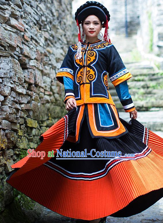 Chinese Yi Nationality Dress Stage Show Clothing Ethnic Woman Folk Dance Outfits Costumes and Hat