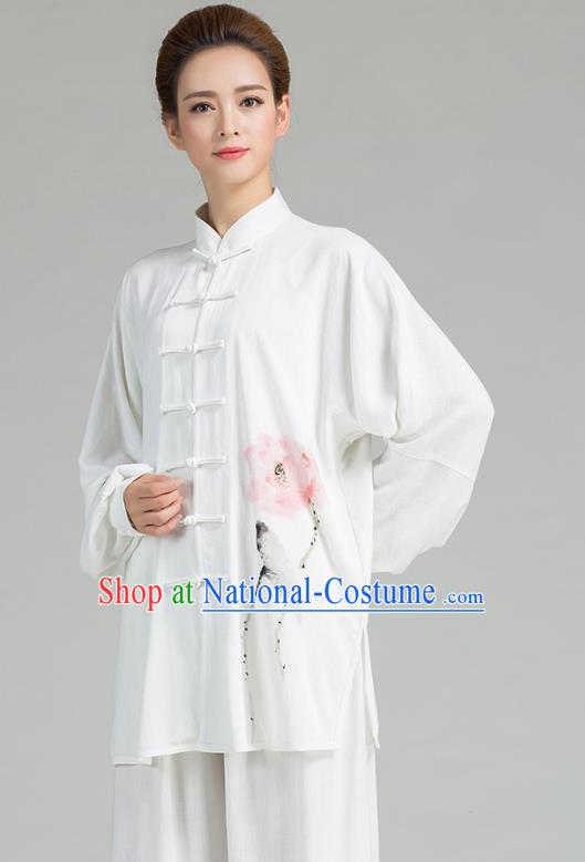 China Traditional Martial Arts Tai Chi Clothing Hand Painting Lotus White Flax Uniforms