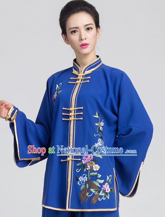 China Traditional Kung Fu Embroidered Royalblue Outfits Tai Chi Training Costumes