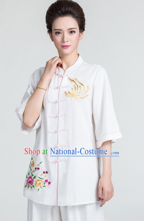 China Kung Fu Printing Flowers White Uniforms Traditional Martial Arts Tai Chi Clothing