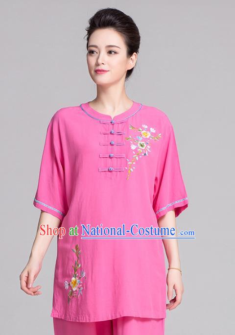 China Traditional Martial Arts Costume Women Tai Chi Clothing Kung Fu Printing Flowers Rosy Uniforms