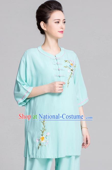 China Women Tai Chi Clothing Kung Fu Printing Flowers Light Green Uniforms Traditional Martial Arts Costume