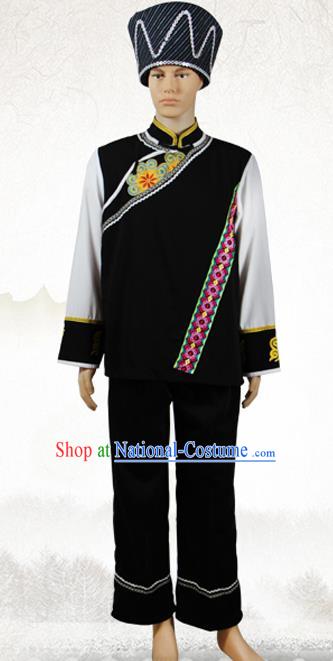 China Tu Nationality Folk Dance Costumes Qinghai Province Ethnic Minority Man Black Outfits Clothing and Hat