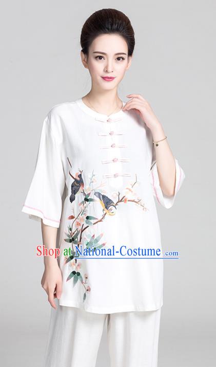 China Women Martial Arts Clothing Kung Fu Printing Flowers Bird White Uniforms Traditional Tai Chi Costume