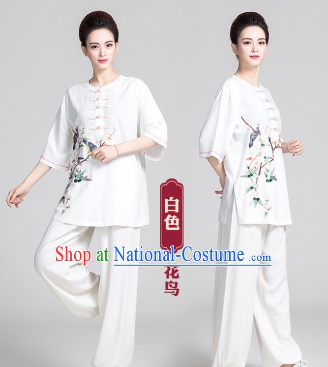 China Women Martial Arts Clothing Kung Fu Printing Flowers Bird White Uniforms Traditional Tai Chi Costume