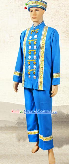 China Jingpo Nationality Folk Dance Costumes Yunnan Province Chingpo Ethnic Minority Man Blue Outfits and Hat