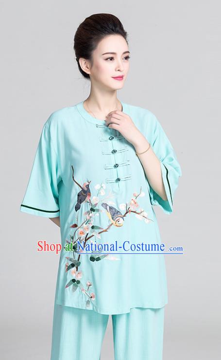 China Women Summer Martial Arts Clothing Tai Chi Kung Fu Printing Flowers Bird Green Uniforms