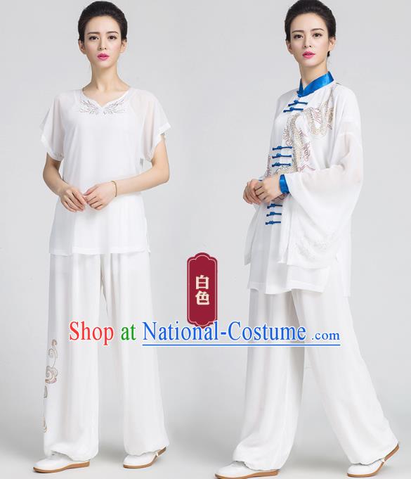 China Tai Chi Kung Fu White Three Pieces Uniforms Martial Arts Competition Clothing