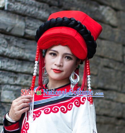 China Traditional Yi Nationality Tassel Red Hat Liangshan Ethnic Minority Tile Headwear for Women