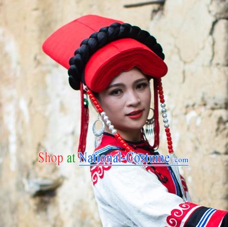 China Traditional Yi Nationality Tassel Red Hat Liangshan Ethnic Minority Tile Headwear for Women