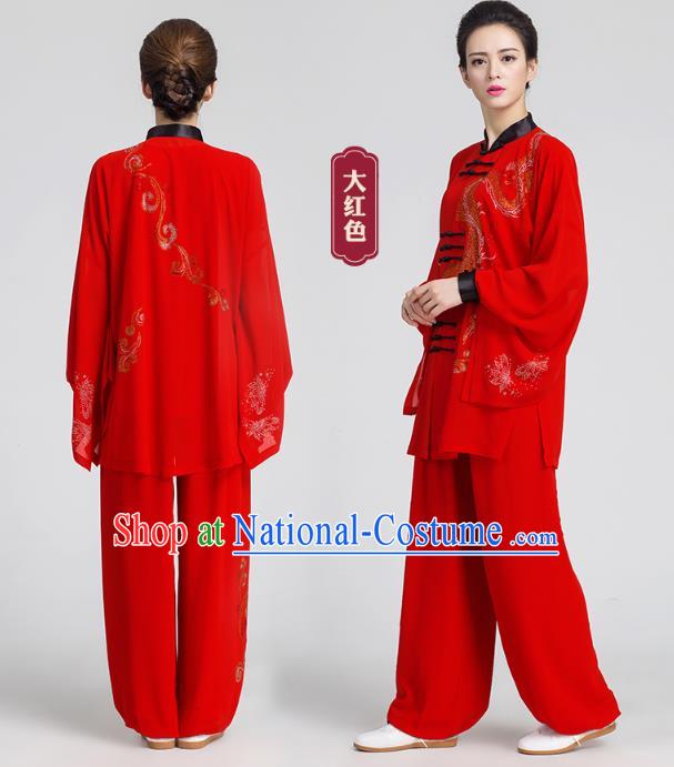 China Kung Fu Costumes Tai Chi Red Three Pieces Uniforms Martial Arts Competition Clothing