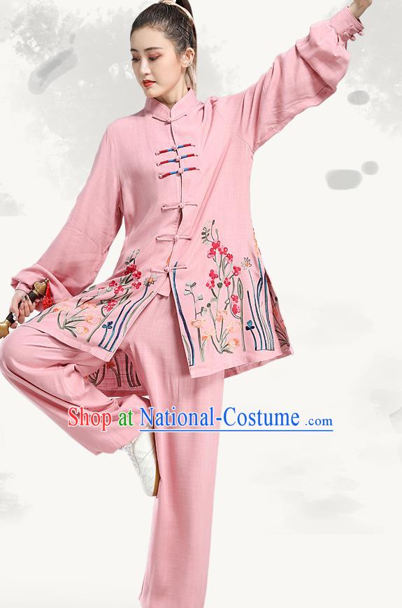 China Martial Arts Competition Pink Uniforms Tai Chi Performance Clothing Kung Fu Embroidered Costumes