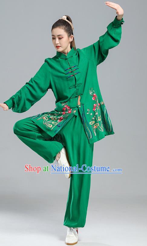 China Tai Chi Performance Clothing Kung Fu Embroidered Costumes Martial Arts Competition Green Uniforms