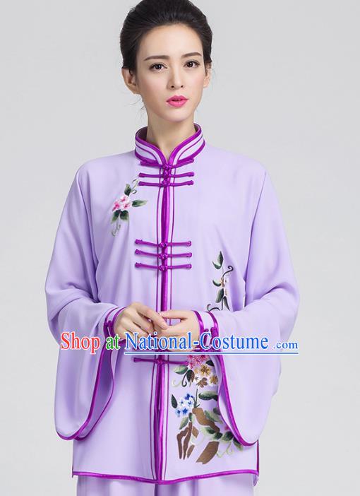 China Women Tai Chi Training Costumes Traditional Kung Fu Embroidered Violet Outfits