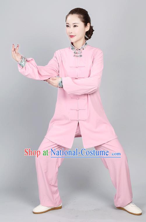 China Martial Arts Pink Flax Uniforms Tai Chi Training Clothing Kung Fu Performance Costumes