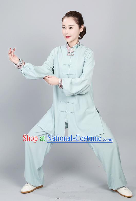 China Tai Chi Training Clothing Kung Fu Performance Costumes Martial Arts Light Green Flax Uniforms