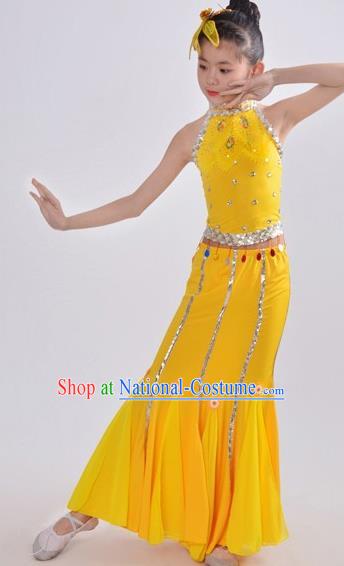 Top China Dai Nationality Minority Costume Stage Performance Clothing Children Day Peacock Dance Yellow Dress